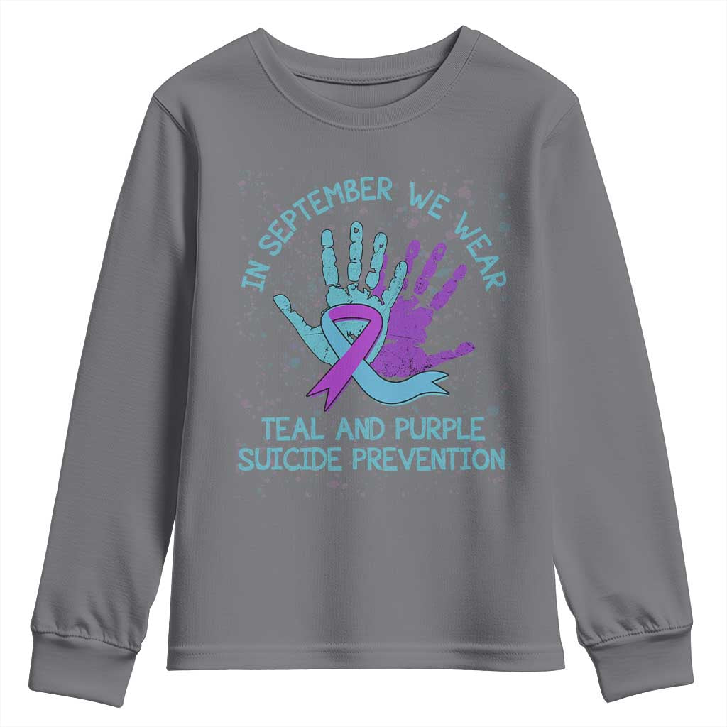 Suicide Prevention Support Youth Sweatshirt In September We Wear Teal Purple Ribbon
