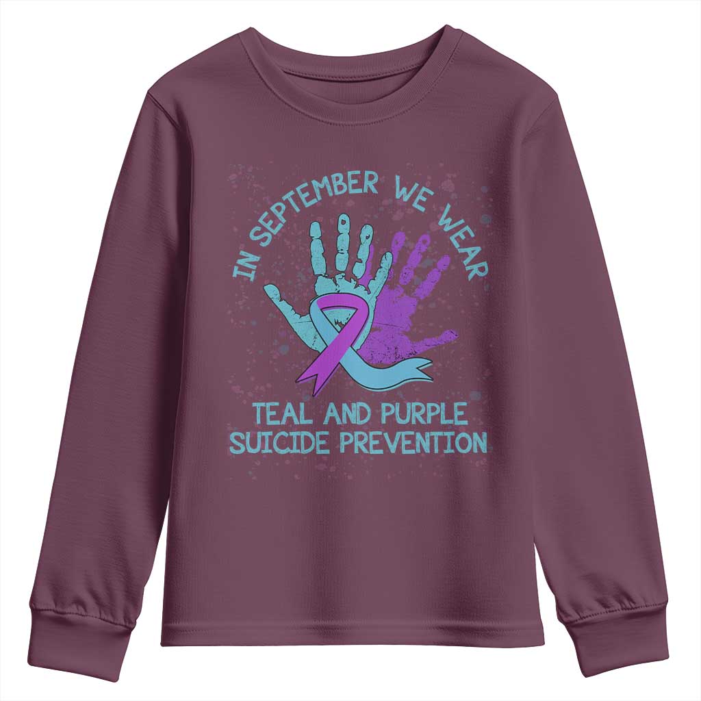 Suicide Prevention Support Youth Sweatshirt In September We Wear Teal Purple Ribbon
