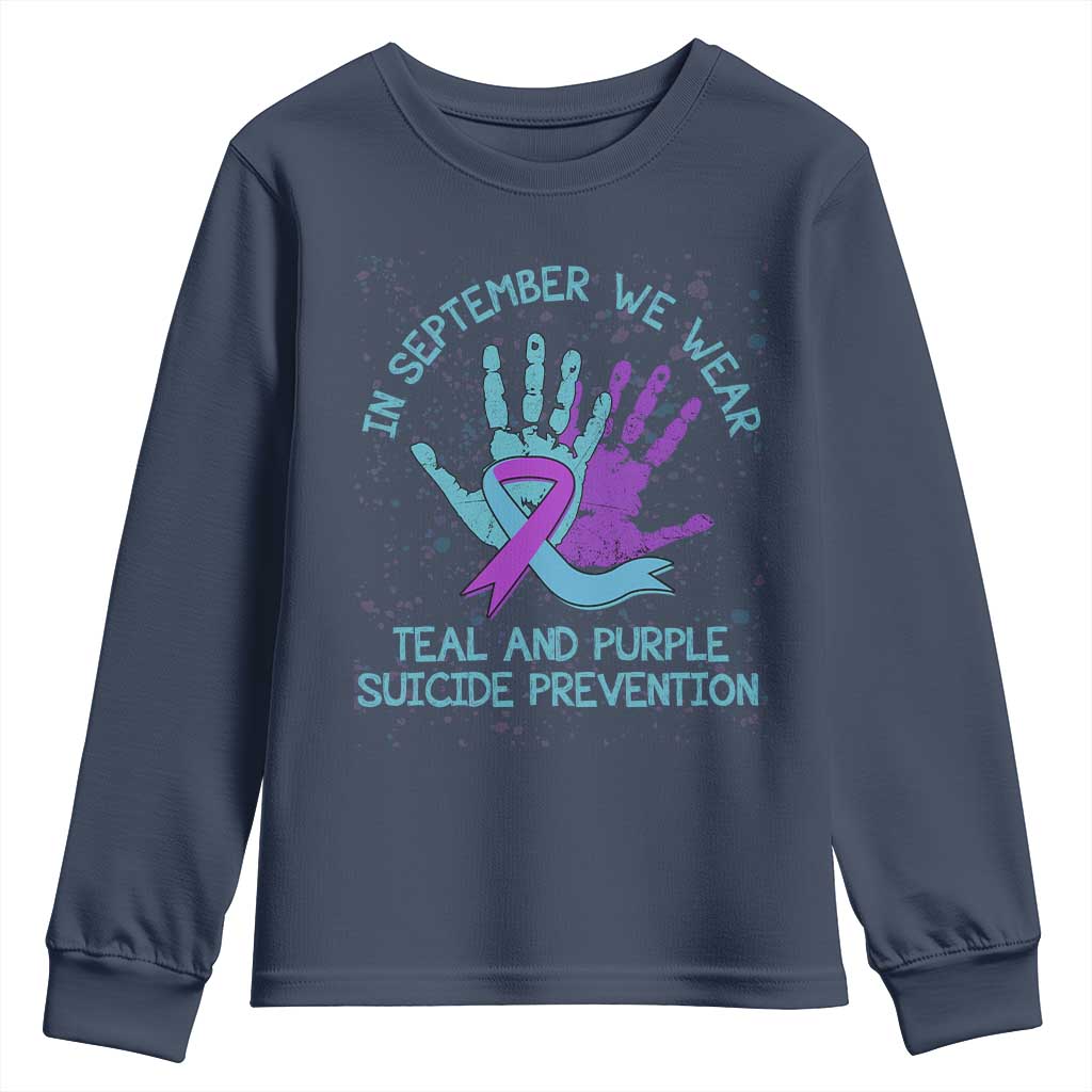Suicide Prevention Support Youth Sweatshirt In September We Wear Teal Purple Ribbon