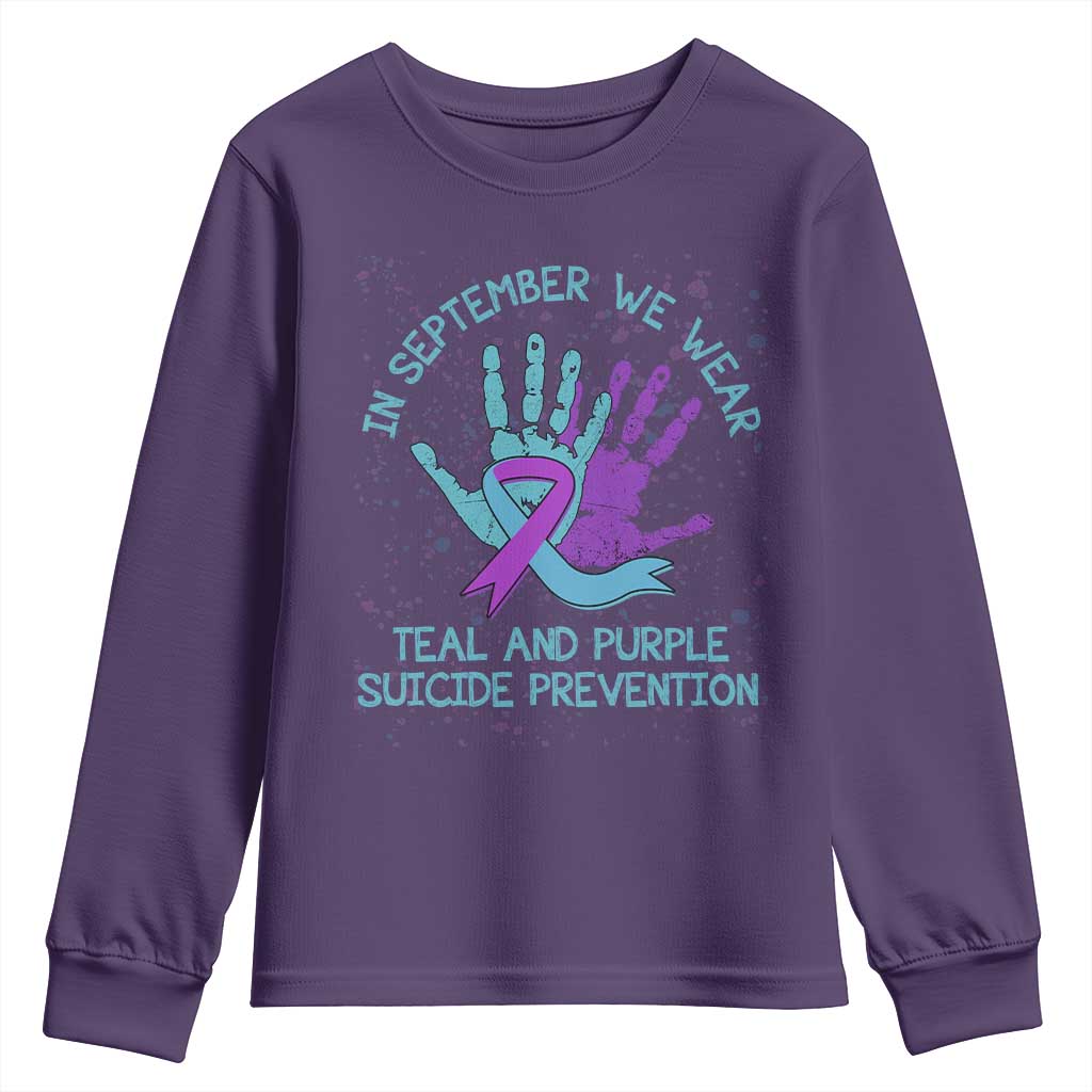 Suicide Prevention Support Youth Sweatshirt In September We Wear Teal Purple Ribbon
