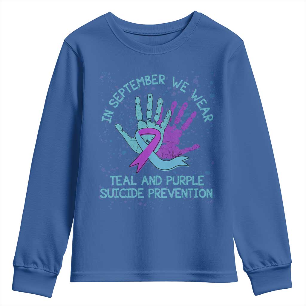 Suicide Prevention Support Youth Sweatshirt In September We Wear Teal Purple Ribbon