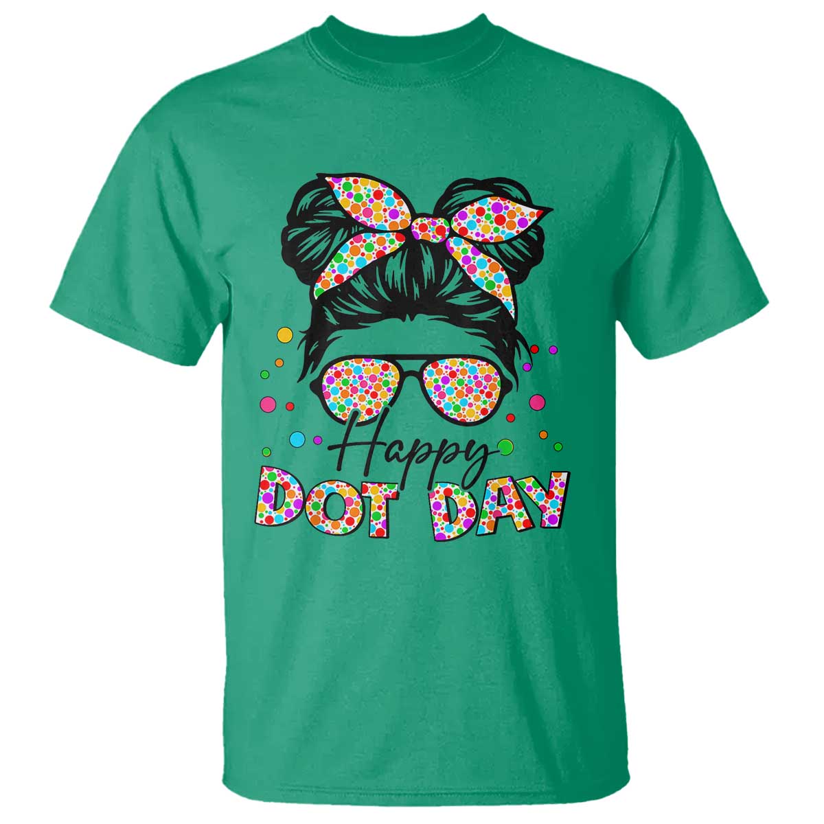 happy-dot-day-messy-bun-girl-t-shirt-colorful-polka-dots