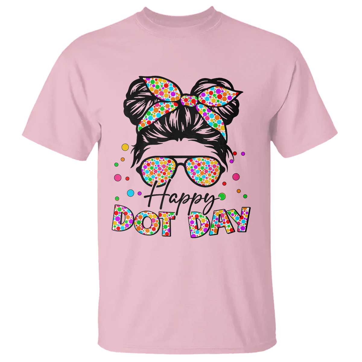 happy-dot-day-messy-bun-girl-t-shirt-colorful-polka-dots
