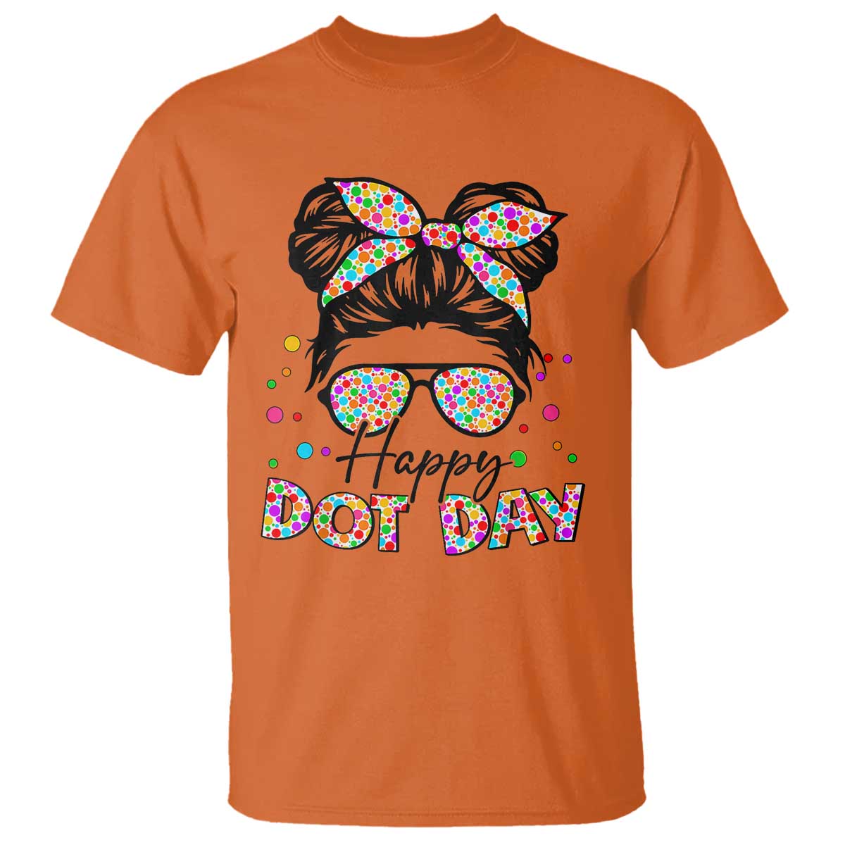 happy-dot-day-messy-bun-girl-t-shirt-colorful-polka-dots