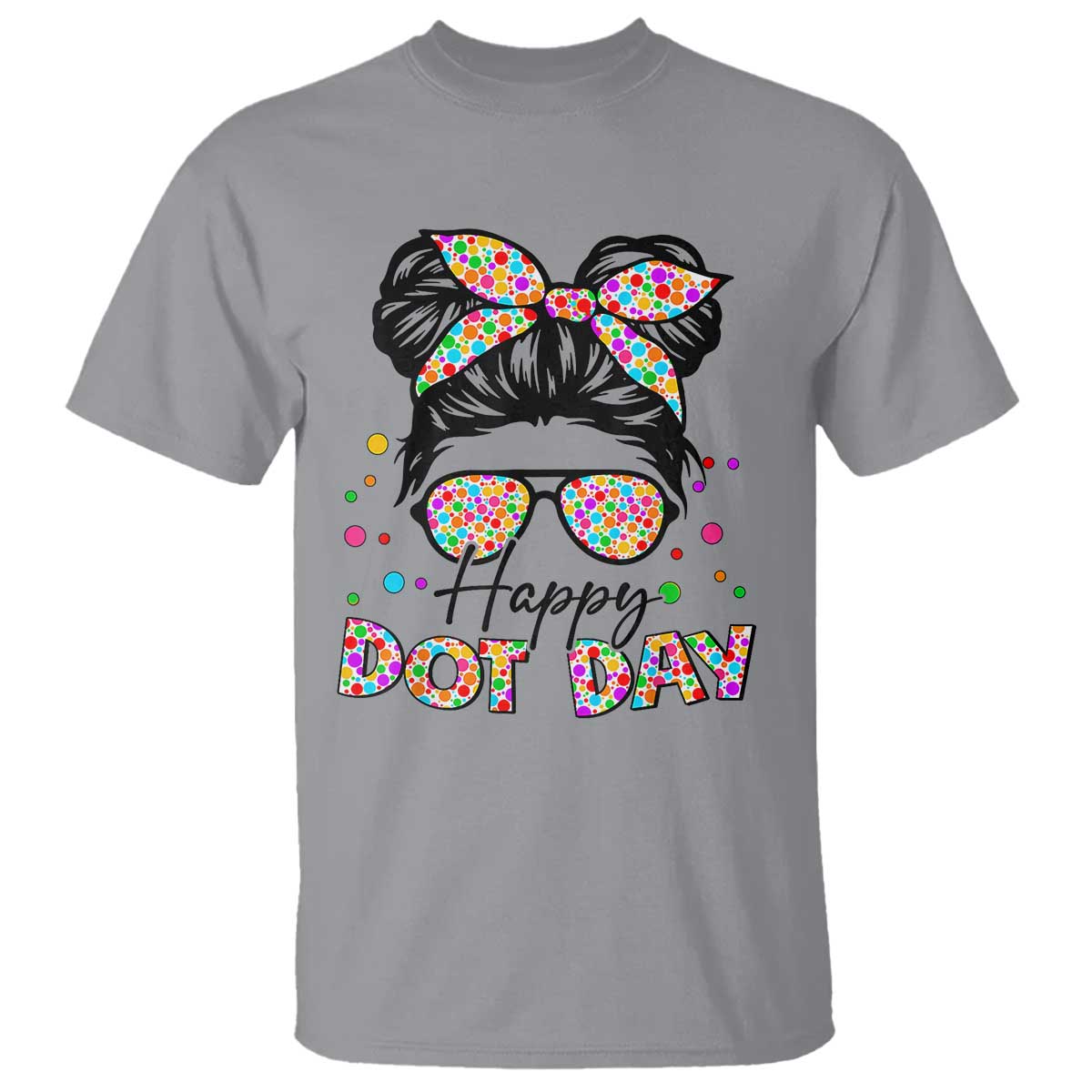 happy-dot-day-messy-bun-girl-t-shirt-colorful-polka-dots