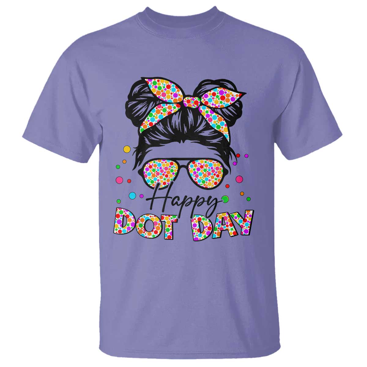 happy-dot-day-messy-bun-girl-t-shirt-colorful-polka-dots