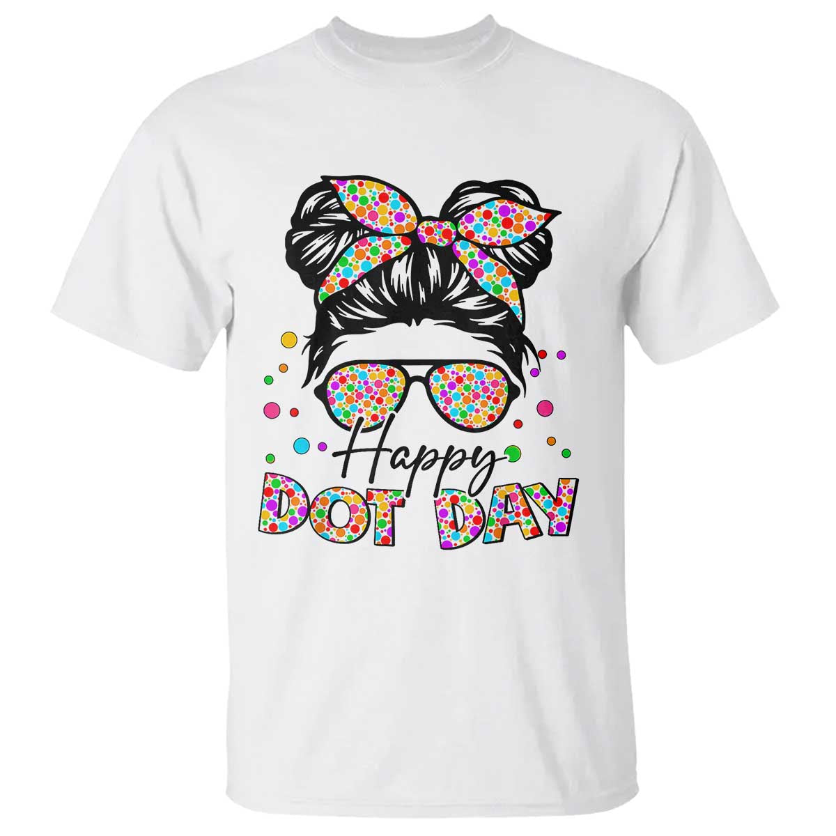 happy-dot-day-messy-bun-girl-t-shirt-colorful-polka-dots