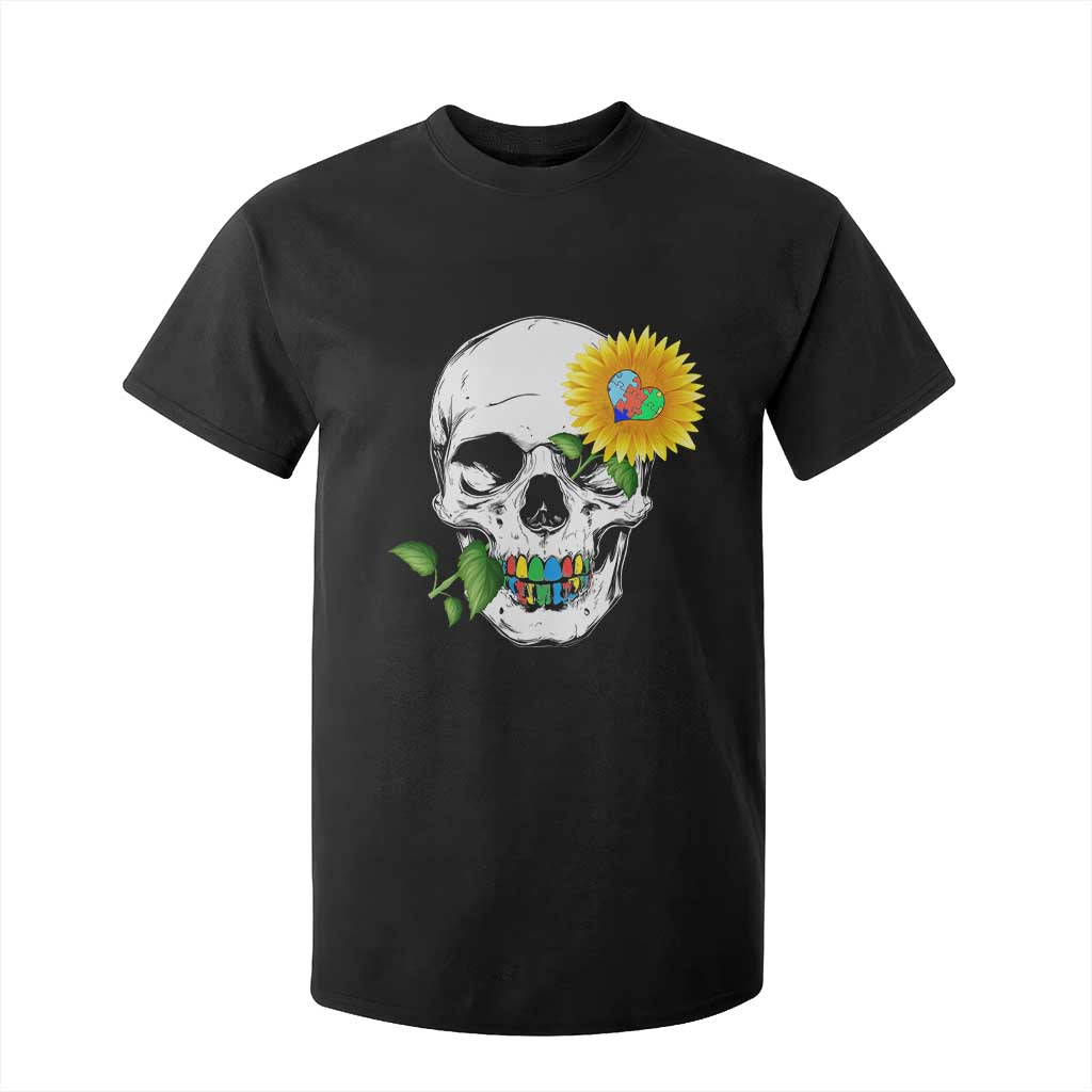 Autism Skull Sunflower T Shirt For Kid Support Autistic Puzzle Pieces Heart