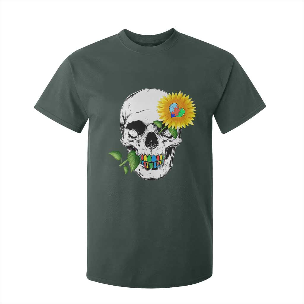 Autism Skull Sunflower T Shirt For Kid Support Autistic Puzzle Pieces Heart