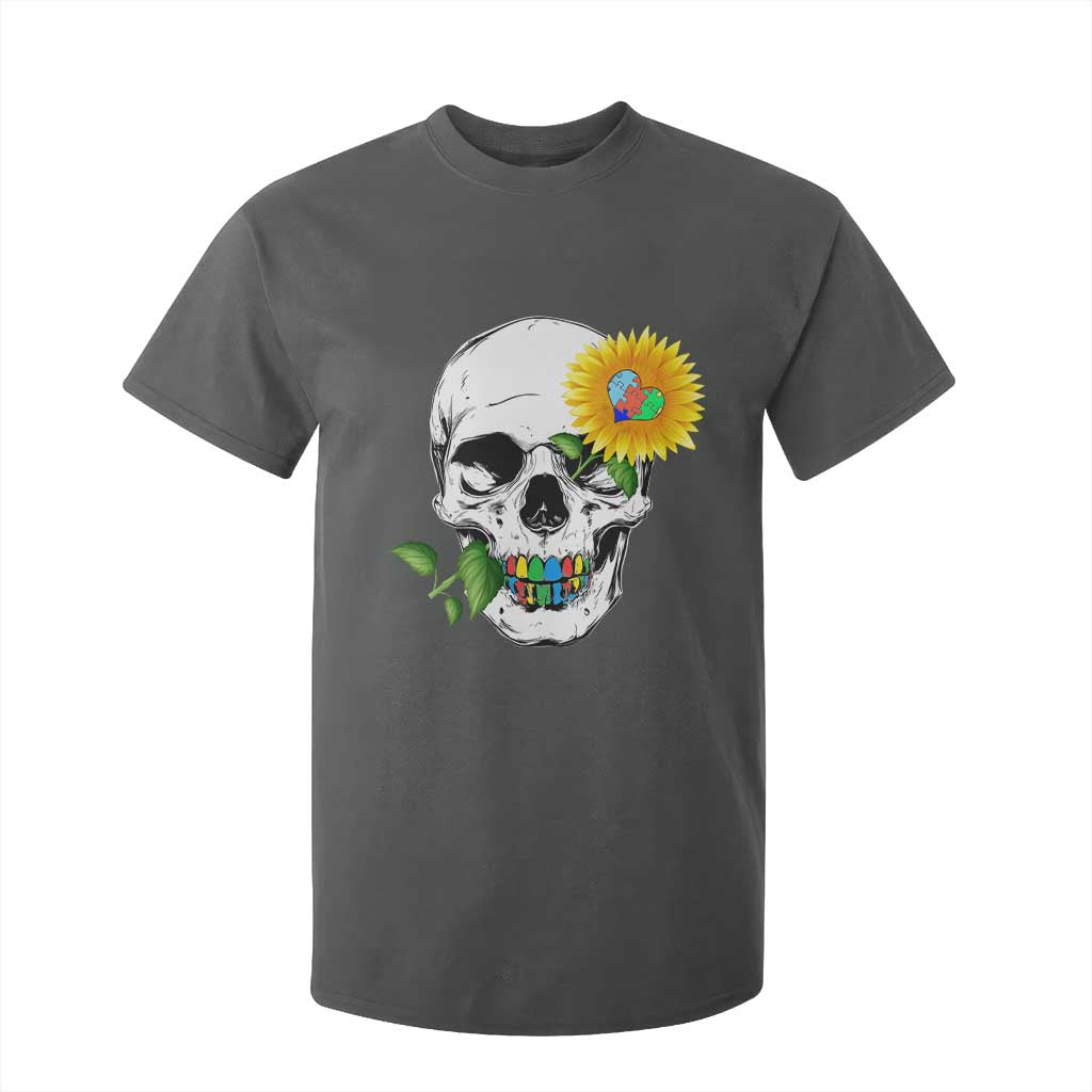 Autism Skull Sunflower T Shirt For Kid Support Autistic Puzzle Pieces Heart