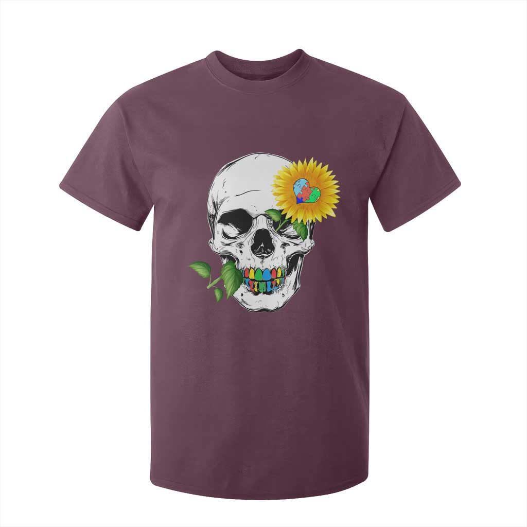 Autism Skull Sunflower T Shirt For Kid Support Autistic Puzzle Pieces Heart