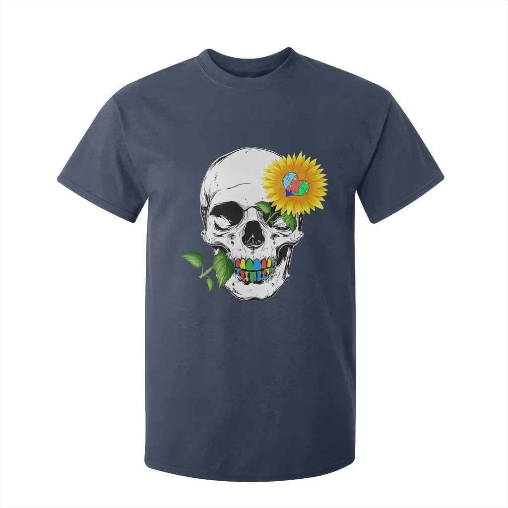 Autism Skull Sunflower T Shirt For Kid Support Autistic Puzzle Pieces Heart