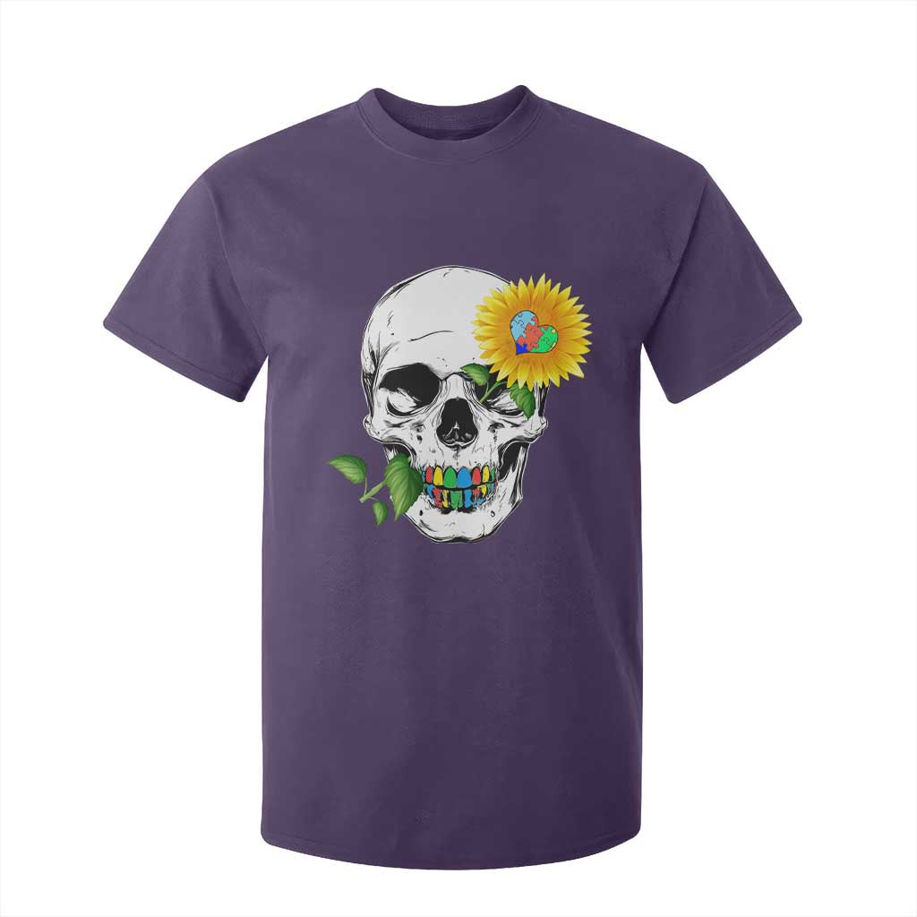 Autism Skull Sunflower T Shirt For Kid Support Autistic Puzzle Pieces Heart