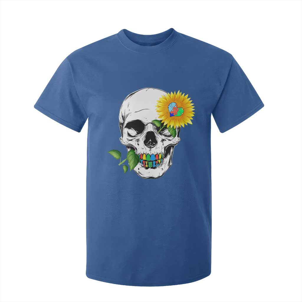 Autism Skull Sunflower T Shirt For Kid Support Autistic Puzzle Pieces Heart