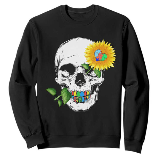 Autism Skull Sunflower Sweatshirt Support Autistic Puzzle Pieces Heart