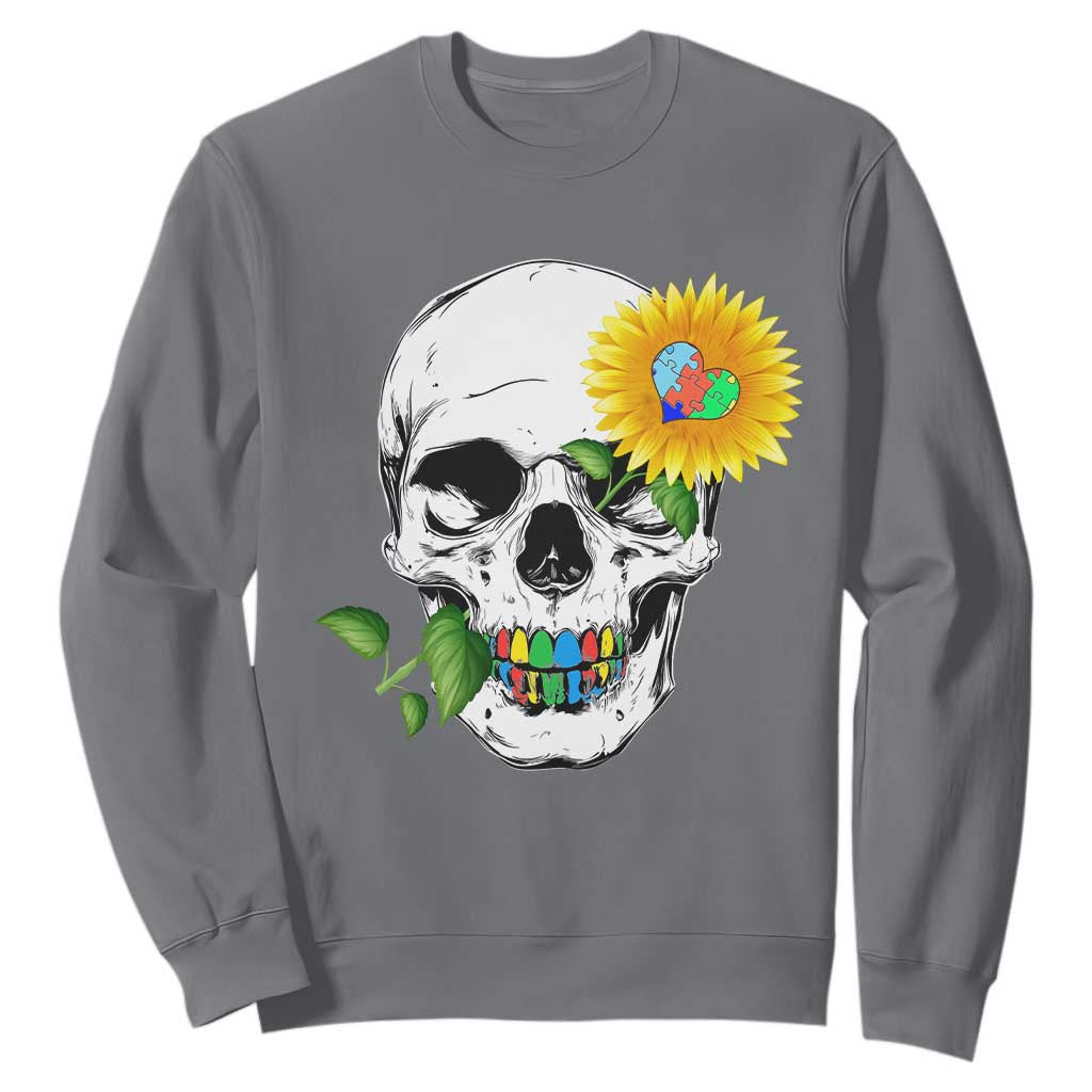 Autism Skull Sunflower Sweatshirt Support Autistic Puzzle Pieces Heart