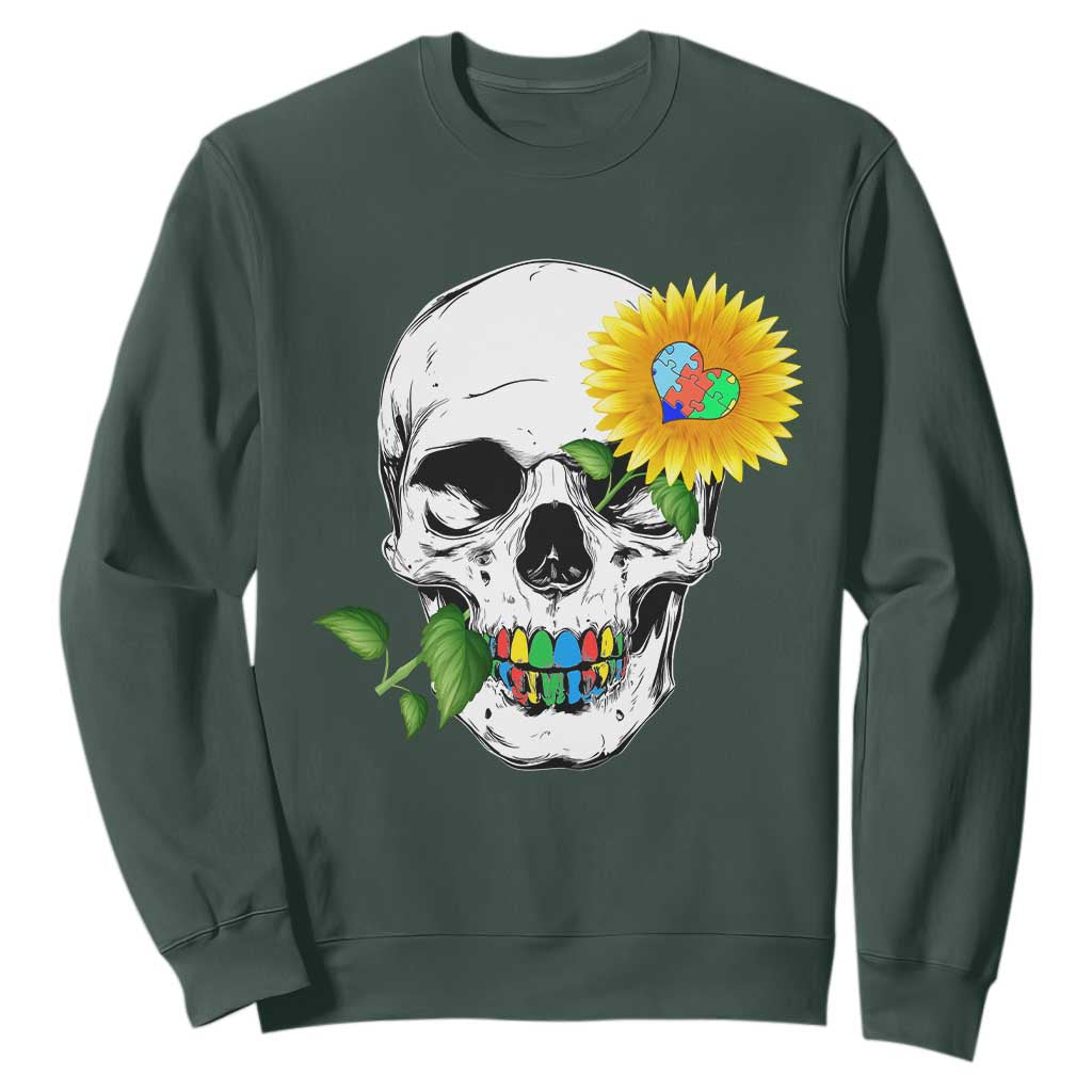 Autism Skull Sunflower Sweatshirt Support Autistic Puzzle Pieces Heart
