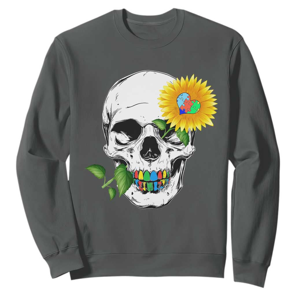 Autism Skull Sunflower Sweatshirt Support Autistic Puzzle Pieces Heart