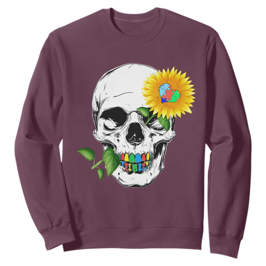 Autism Skull Sunflower Sweatshirt Support Autistic Puzzle Pieces Heart