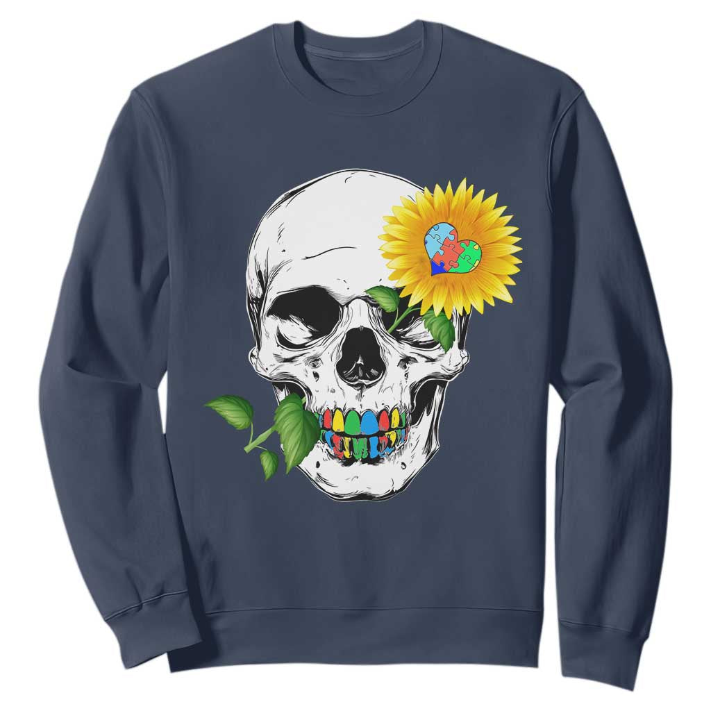 Autism Skull Sunflower Sweatshirt Support Autistic Puzzle Pieces Heart
