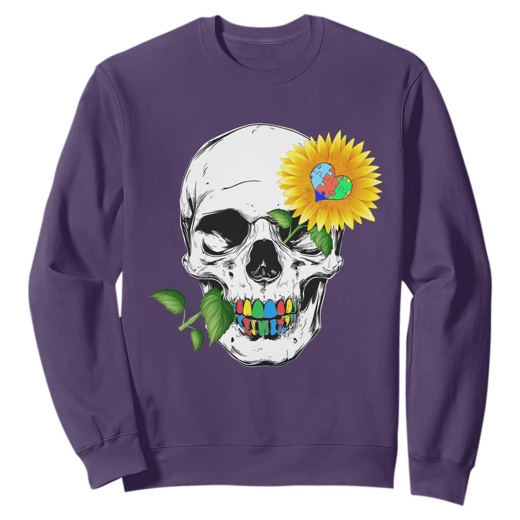 Autism Skull Sunflower Sweatshirt Support Autistic Puzzle Pieces Heart