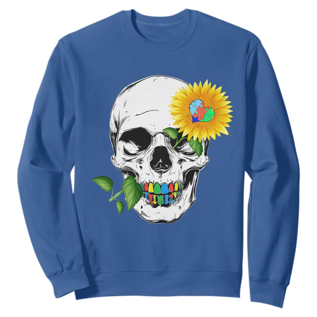 Autism Skull Sunflower Sweatshirt Support Autistic Puzzle Pieces Heart