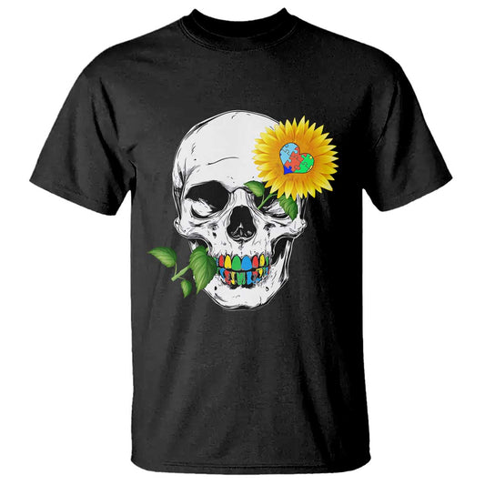 Autism Skull Sunflower T Shirt Support Autistic Puzzle Pieces Heart