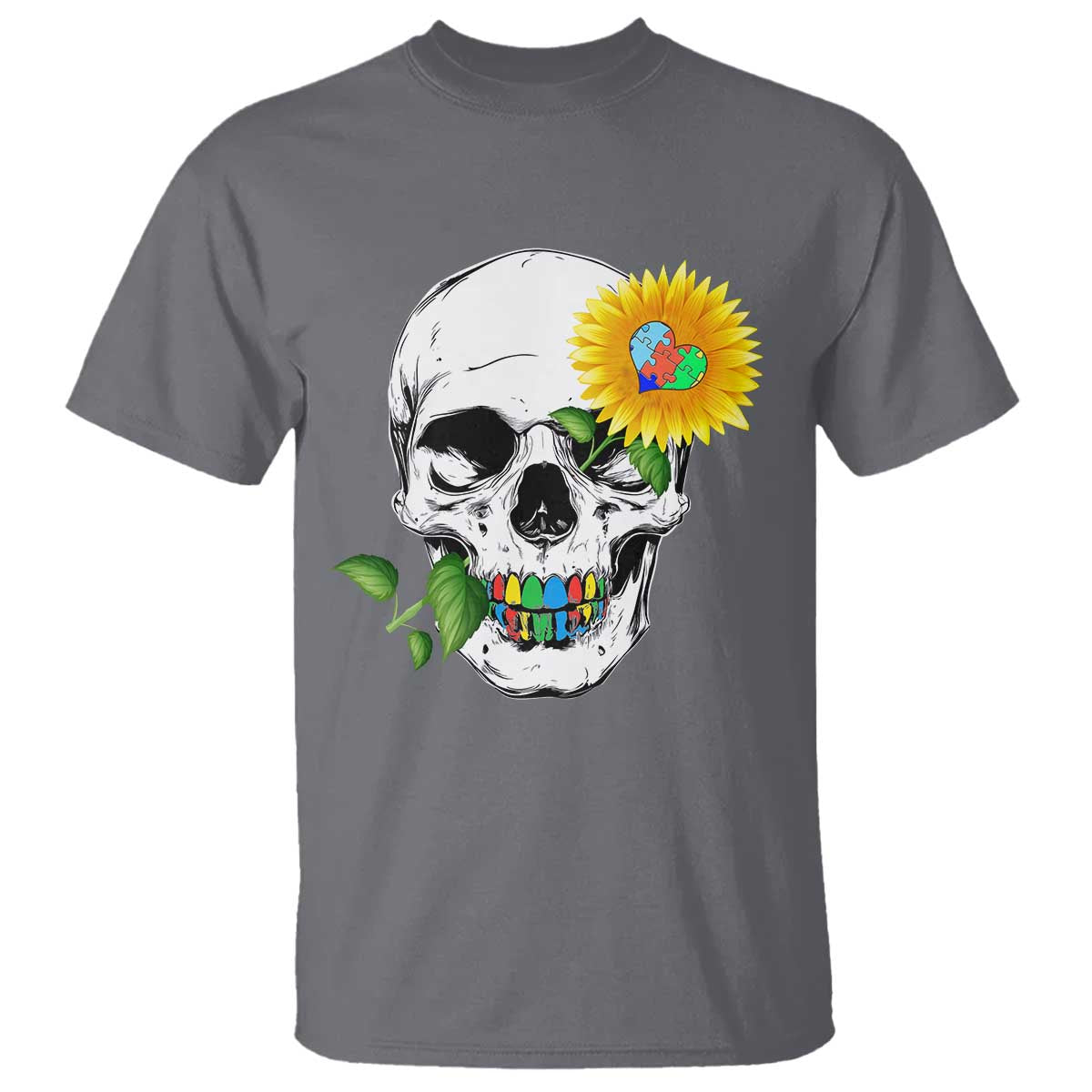 Autism Skull Sunflower T Shirt Support Autistic Puzzle Pieces Heart