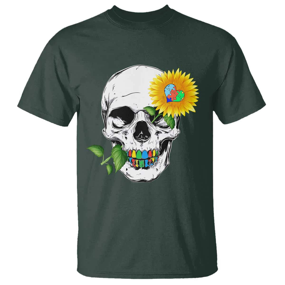 Autism Skull Sunflower T Shirt Support Autistic Puzzle Pieces Heart