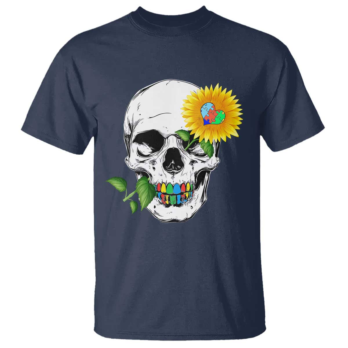 Autism Skull Sunflower T Shirt Support Autistic Puzzle Pieces Heart