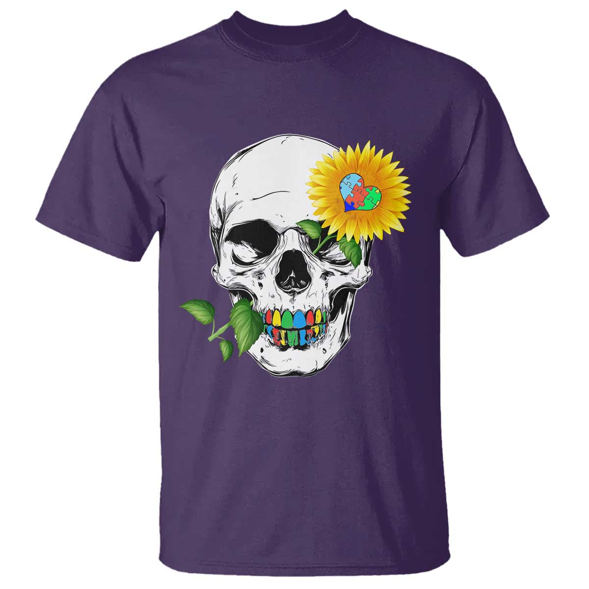Autism Skull Sunflower T Shirt Support Autistic Puzzle Pieces Heart