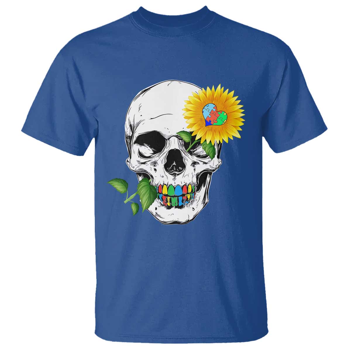 Autism Skull Sunflower T Shirt Support Autistic Puzzle Pieces Heart