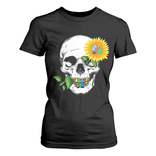Autism Skull Sunflower T Shirt For Women Support Autistic Puzzle Pieces Heart