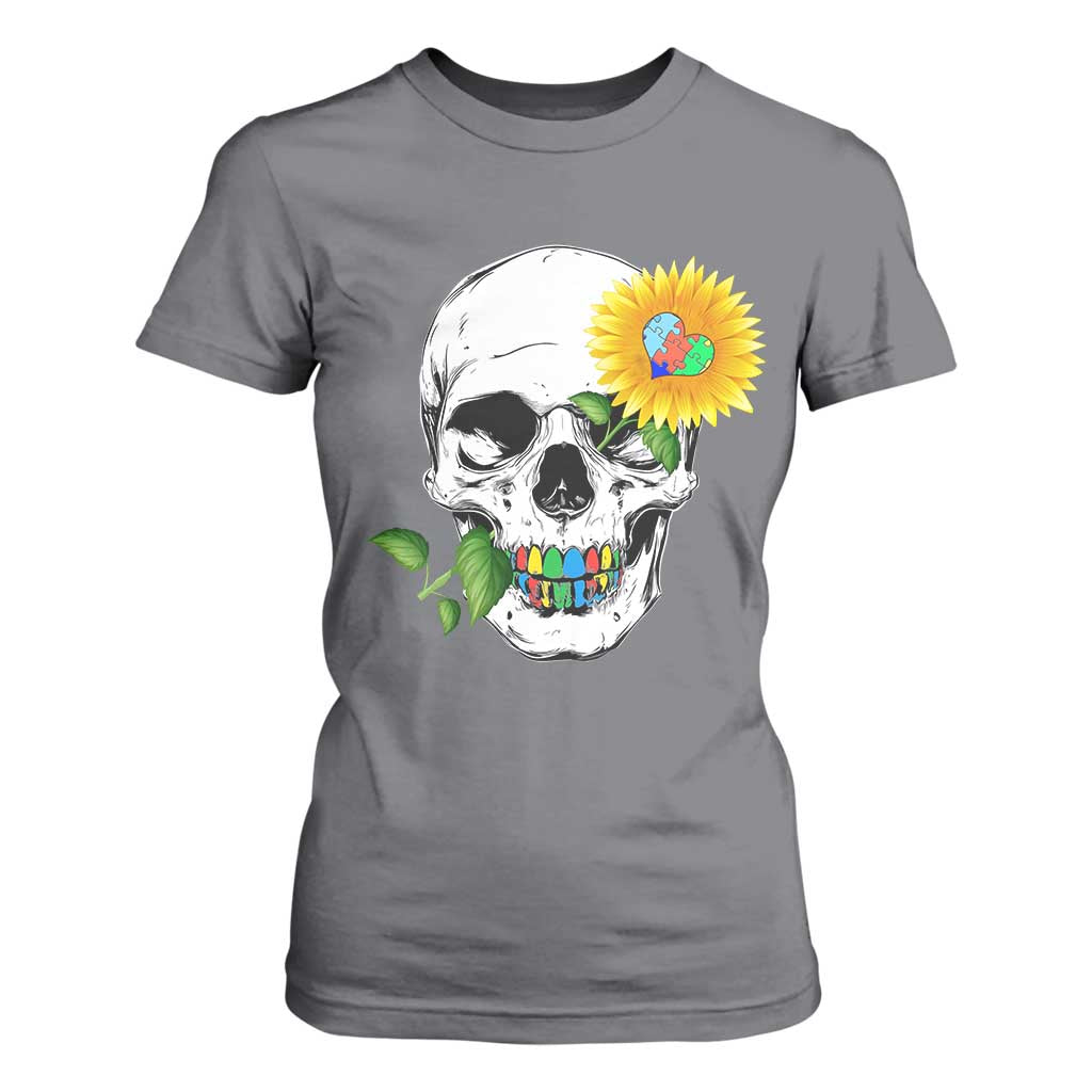 Autism Skull Sunflower T Shirt For Women Support Autistic Puzzle Pieces Heart