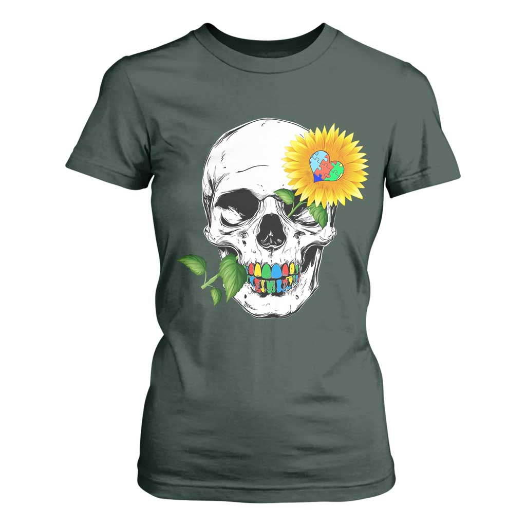 Autism Skull Sunflower T Shirt For Women Support Autistic Puzzle Pieces Heart
