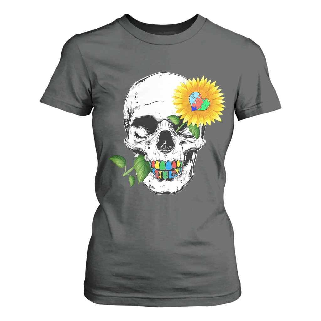 Autism Skull Sunflower T Shirt For Women Support Autistic Puzzle Pieces Heart