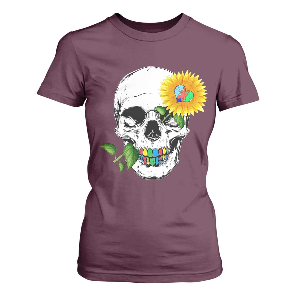 Autism Skull Sunflower T Shirt For Women Support Autistic Puzzle Pieces Heart