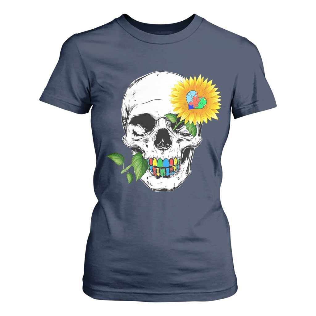 Autism Skull Sunflower T Shirt For Women Support Autistic Puzzle Pieces Heart