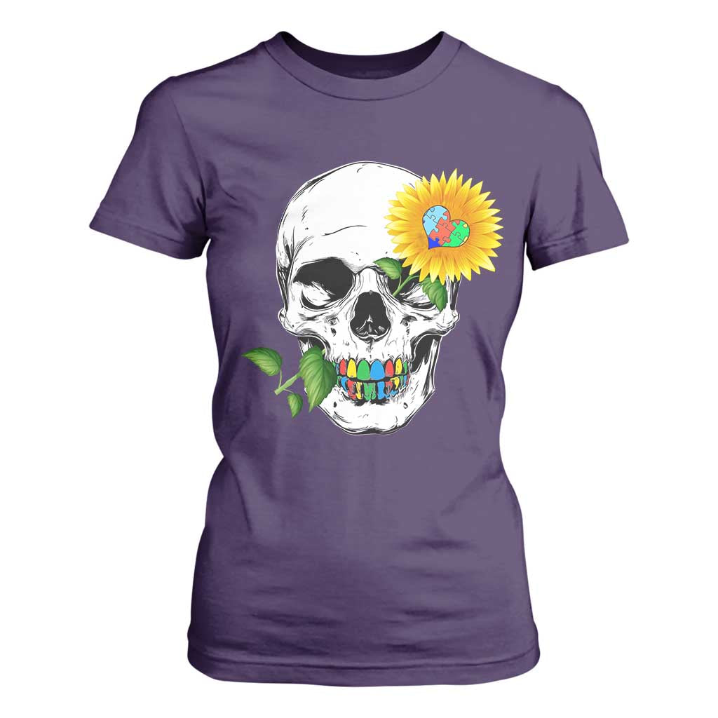 Autism Skull Sunflower T Shirt For Women Support Autistic Puzzle Pieces Heart