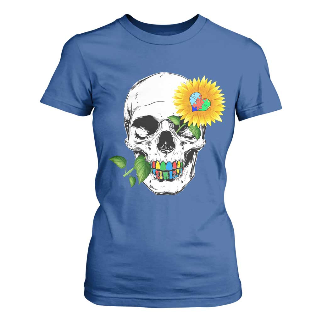 Autism Skull Sunflower T Shirt For Women Support Autistic Puzzle Pieces Heart