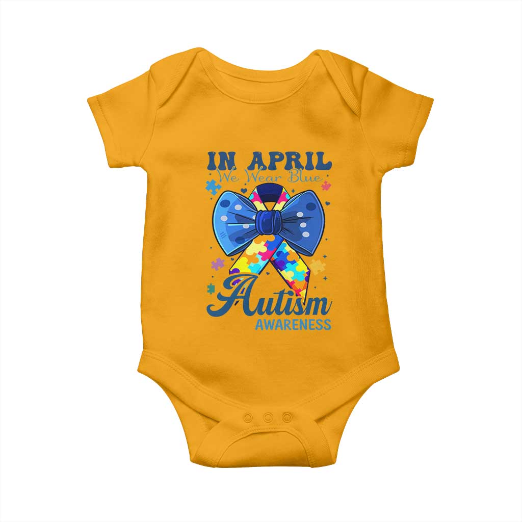 Autism Support Baby Onesie In April We Wear Blue Puzzle Ribbon Coquette Bow