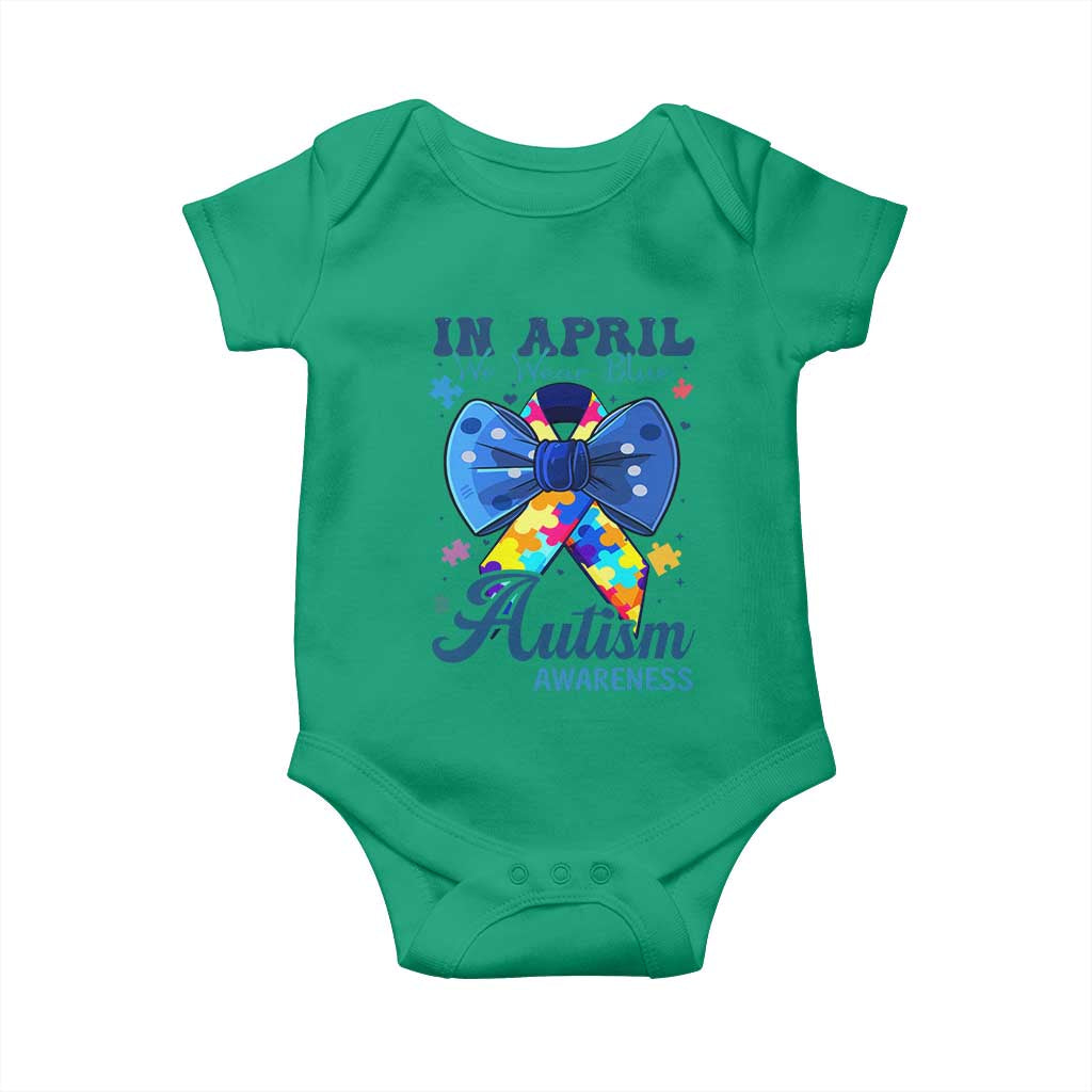 Autism Support Baby Onesie In April We Wear Blue Puzzle Ribbon Coquette Bow