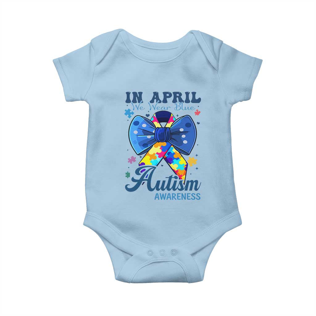 Autism Support Baby Onesie In April We Wear Blue Puzzle Ribbon Coquette Bow