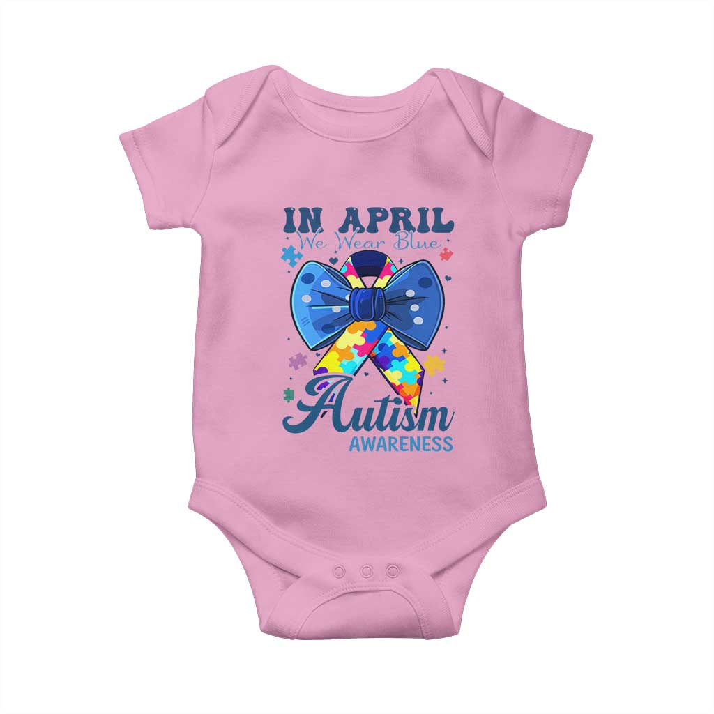 Autism Support Baby Onesie In April We Wear Blue Puzzle Ribbon Coquette Bow