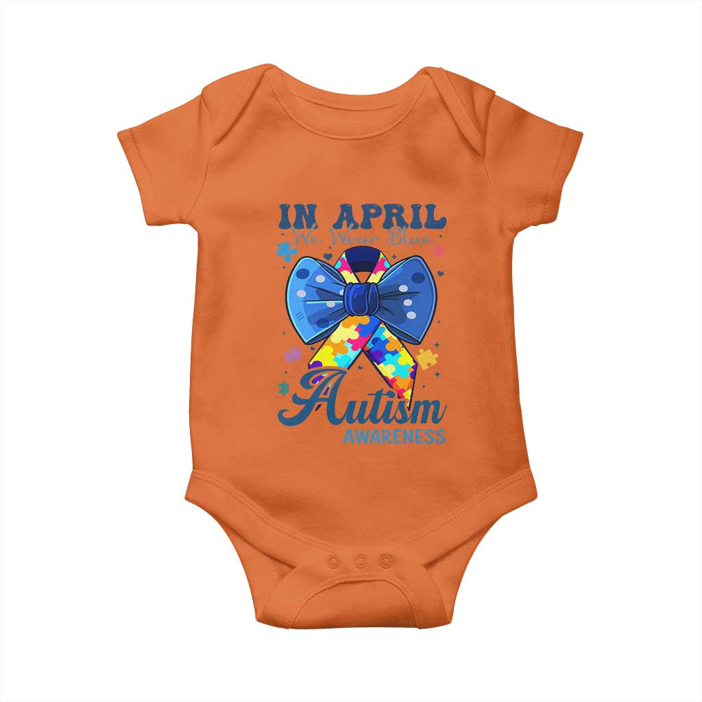 Autism Support Baby Onesie In April We Wear Blue Puzzle Ribbon Coquette Bow