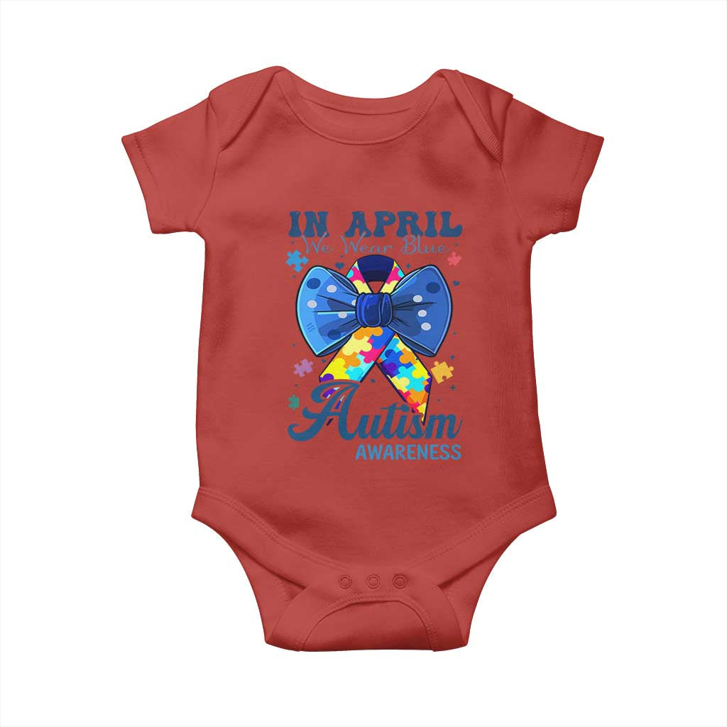 Autism Support Baby Onesie In April We Wear Blue Puzzle Ribbon Coquette Bow