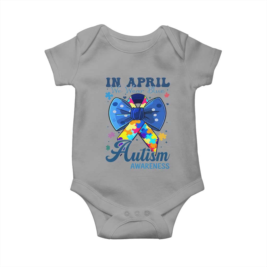 Autism Support Baby Onesie In April We Wear Blue Puzzle Ribbon Coquette Bow