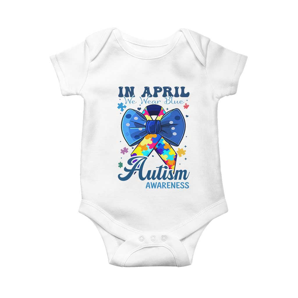 Autism Support Baby Onesie In April We Wear Blue Puzzle Ribbon Coquette Bow