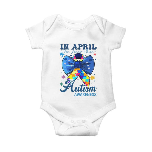 Autism Support Baby Onesie In April We Wear Blue Puzzle Ribbon Coquette Bow