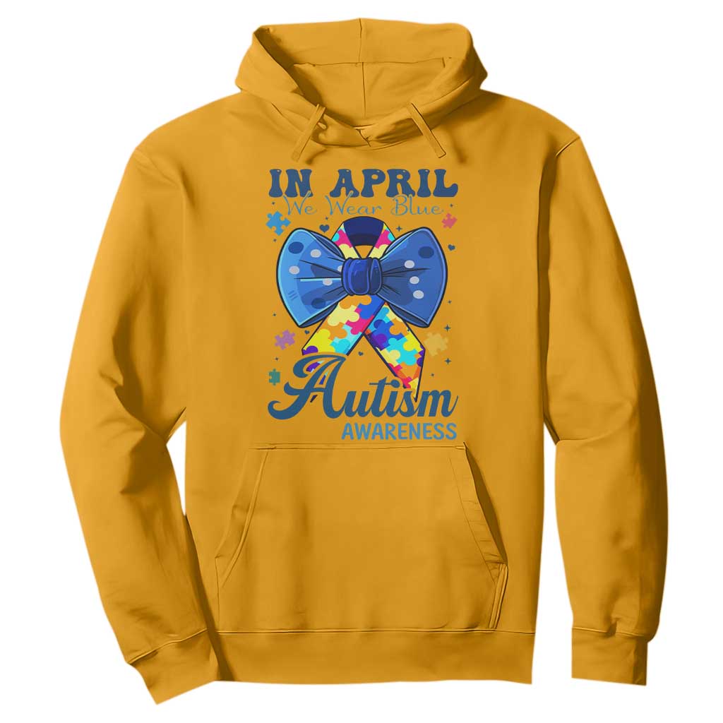Autism Support Hoodie In April We Wear Blue Puzzle Ribbon Coquette Bow